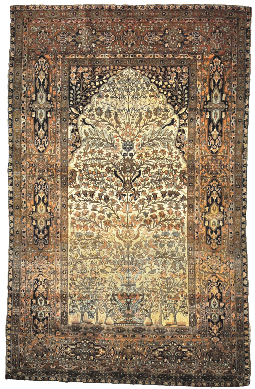 This Antique Mohtasham Kashan Tree of Life Rug, is a pinnacle of woven art with high quality cork wool, finest, tightest and an extremely fine weave, is unusual with its all over design of delicate scrolling floral in soft sage and ivory colors. Perhaps this Antique Mohtashan Kashan Tree of Life Rug was made as a gift to a dignitary or a royalty. It is the most magnificent Tree of Life with pairs of love birds and the foliage of different trees in paradise.