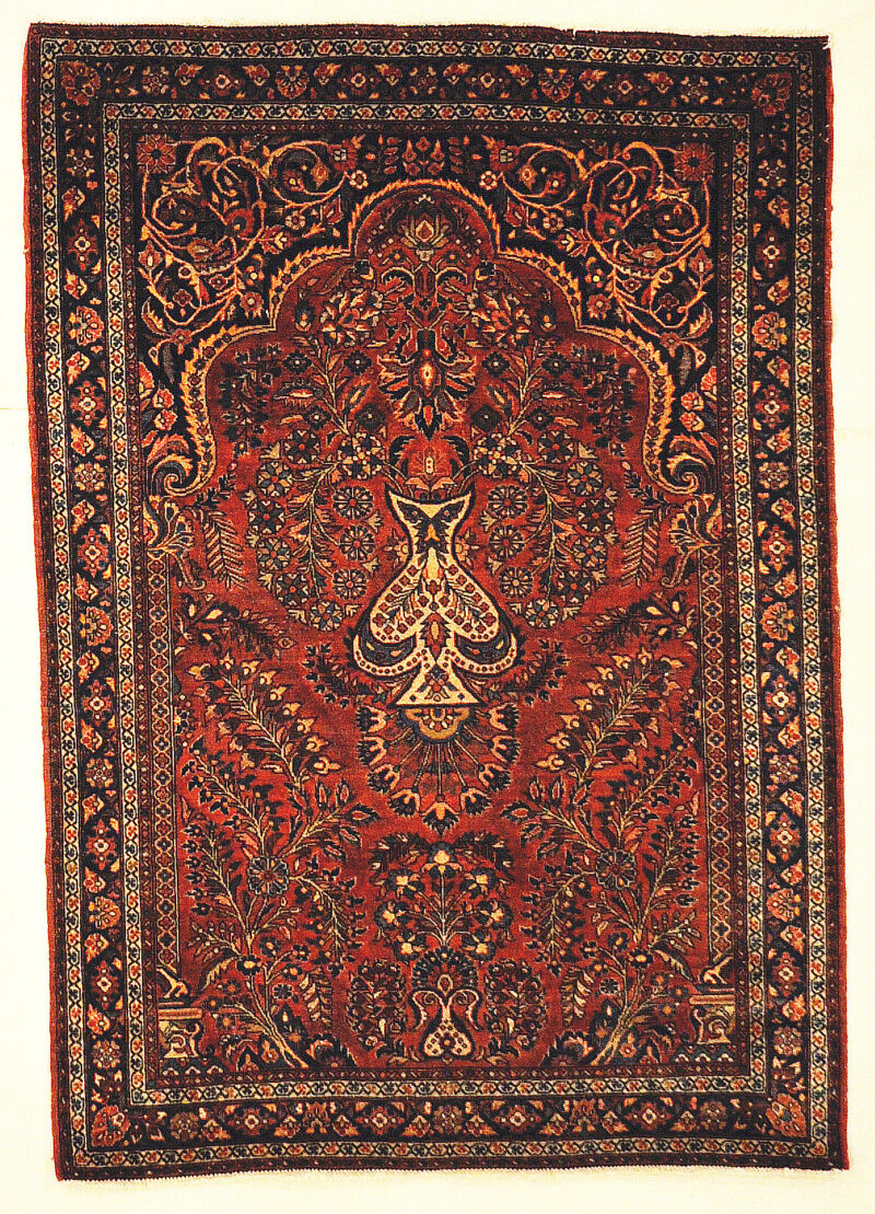 Antique Rare Persian Sarouk Prayer Rug. Genuine woven carpet art. Authentic and intricate design.