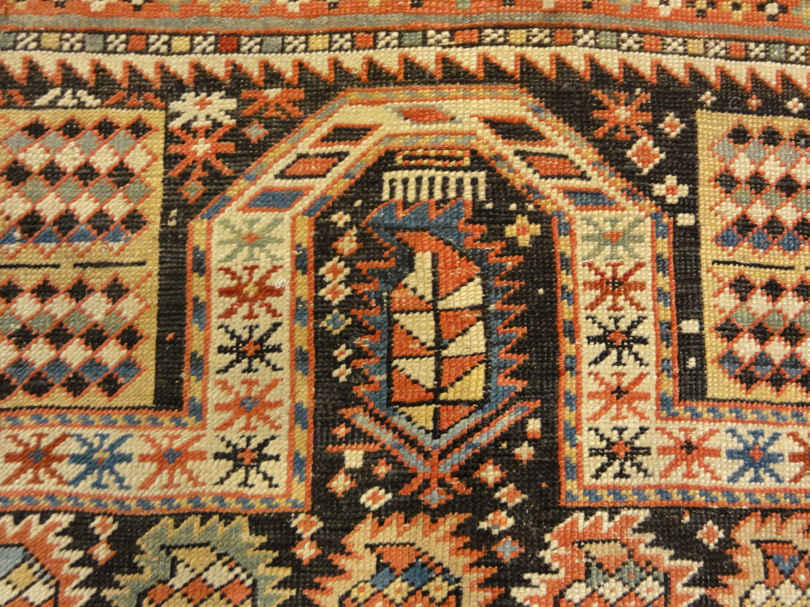 Rarest Antique Maraseli Shirvan Caucasian Prayer Rug. A piece of genuine woven carpet art sold by the Santa Barbara Design Center, Rugs and More.