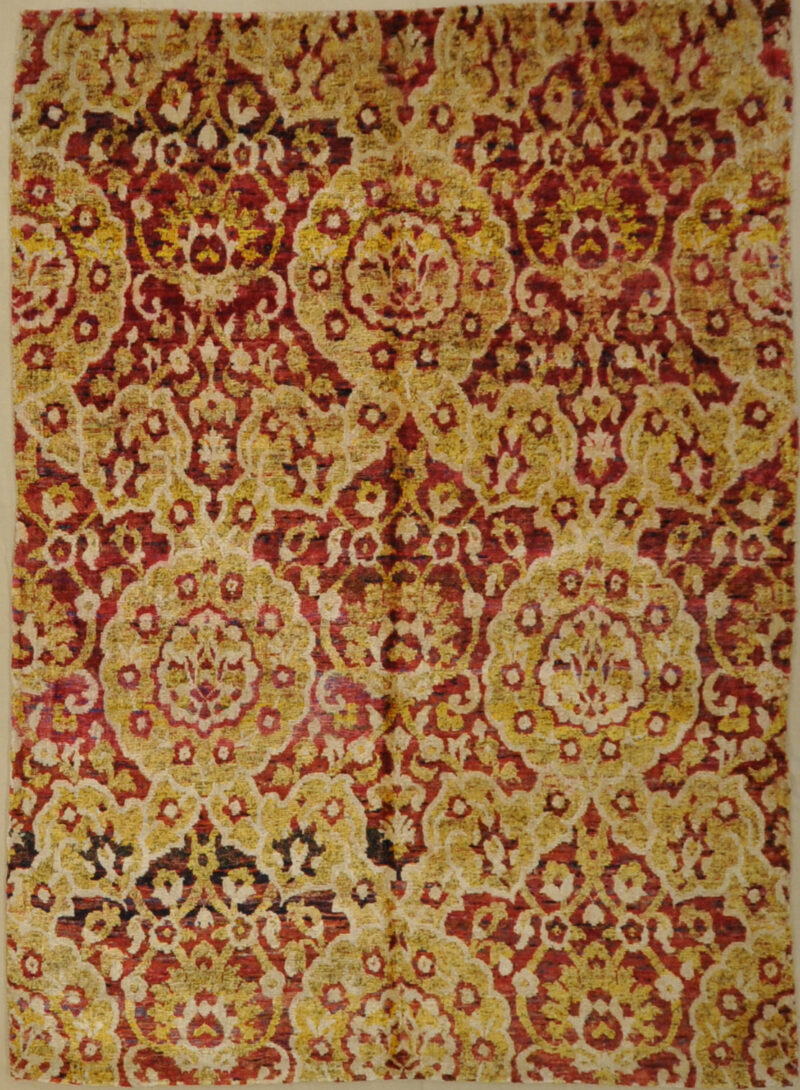 Saree Red Patterned Silk Indian Rug . A piece of genuine woven authentic carpet art sold by Santa Barbara Design Center Rugs and More