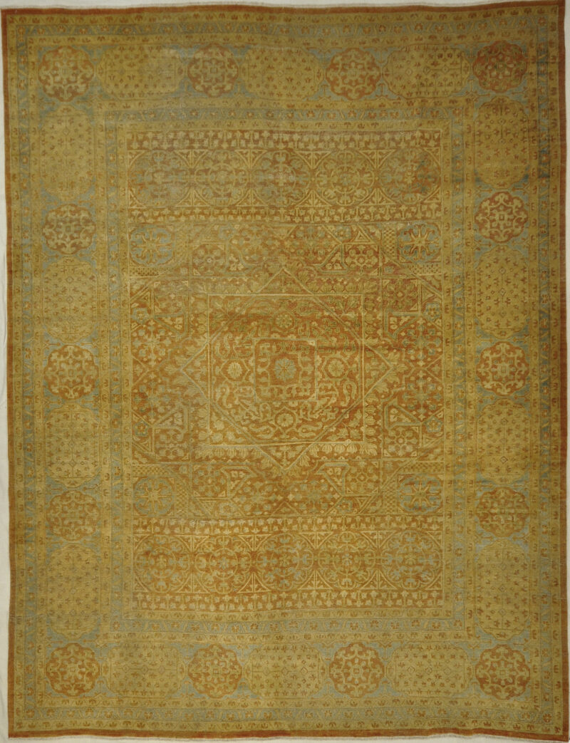 Antique Light Blue and Terra Mamluk Rug. A piece of genuine woven carpet art sold by the Santa Barbara Design Center, Rugs and More.
