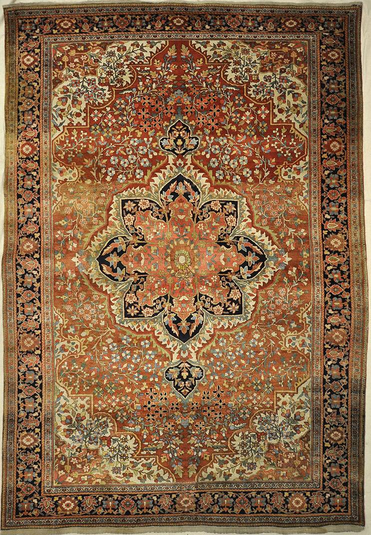 Rare Antique Fine Farahan Circa 1870. A piece of genuine authentic woven carpet art sold by the Santa Barbara Design Center, Rugs and More.