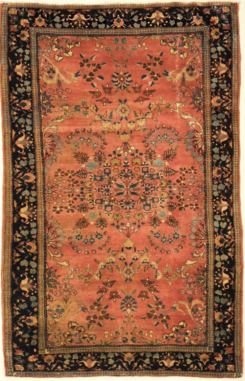Antique Mohajesan Sarouk Finest Example Of It's Kind. A piece of genuine antique woven carpet art sold by the Santa Barbara Design Center, Rugs and More.