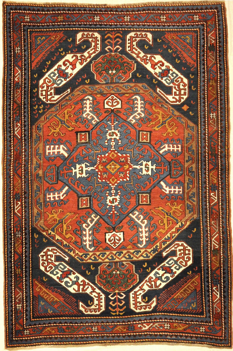 Antique Kazak Kasim Oushak ca 1875. A piece of genuine authentic antique woven carpet art sold by the Santa Barbara Design Center, Rugs and More.