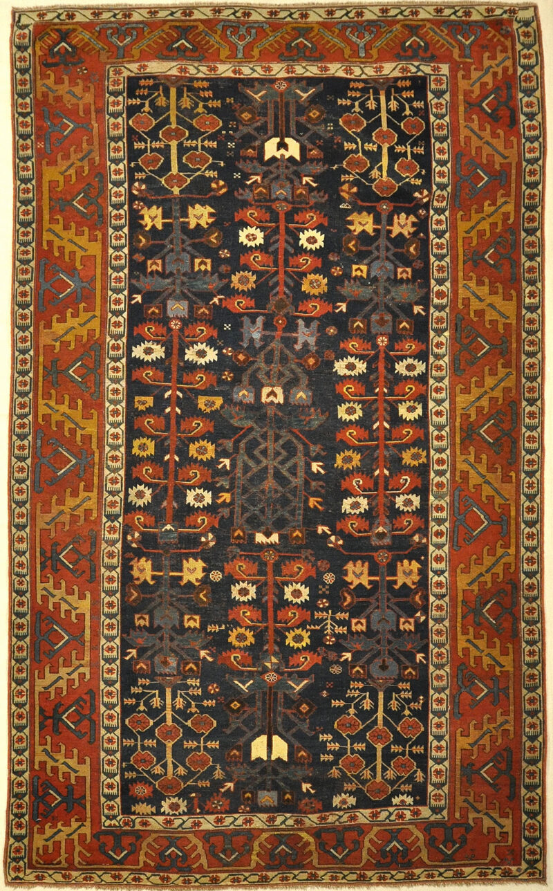 17th Century Pre-Proto Kurdish Shrub Carpet. A piece of genuine authentic antique woven carpet art sold by the Santa Barbara Design Center, Rugs and More.