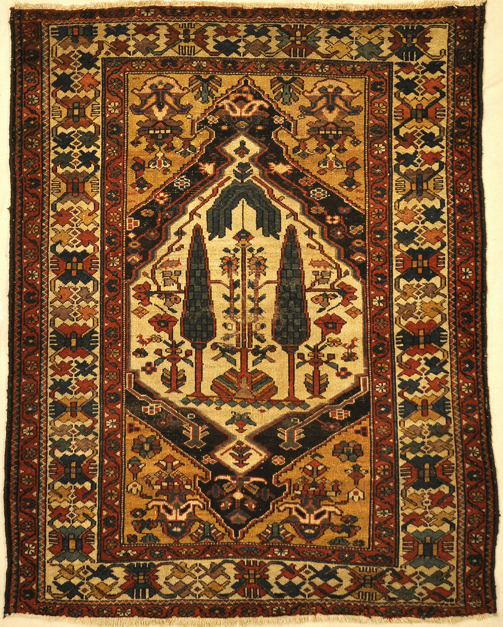 Rare Baktiari Rug Woven by Armenians feat. Cypress and Weeping Willow Trees. A piece of genuine antique woven carpet art sold by Santa Barbara Design Center