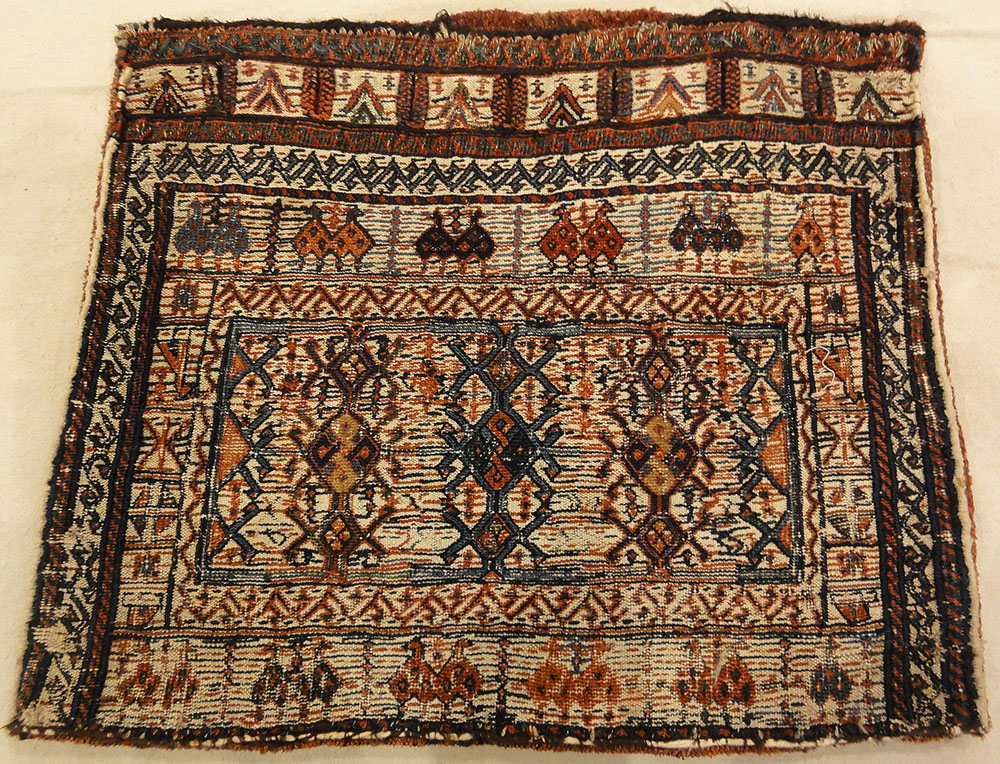 Persian Bakhtiari Camel Bag. A piece of antique woven carpet art sold by Santa Barbara Design Center, Rugs and More in Santa Barbara, California.