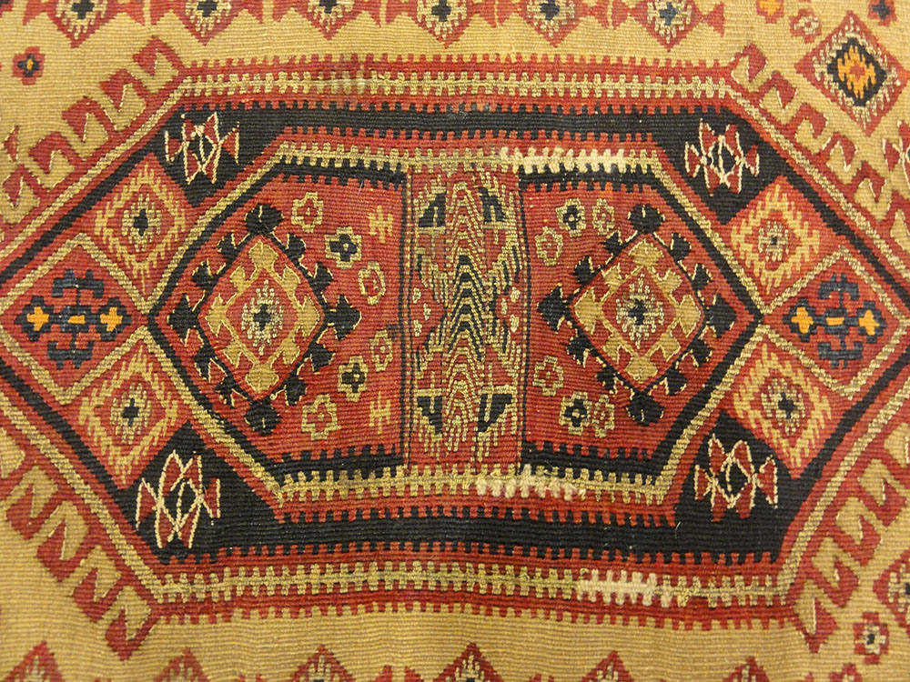 Rare Antique Yastik Woven with Metal Thread. A piece of genuine authentic woven carpet art sold by Santa Barbara Design Center, Rugs and More.