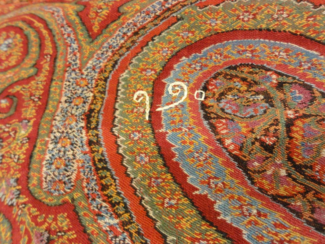 Antique Finest 1700s Persian Pashmina Kashmiri Shawl. Antique woven carpet art sold by Santa Barbara Design Center Rugs and More in Santa Barbara California