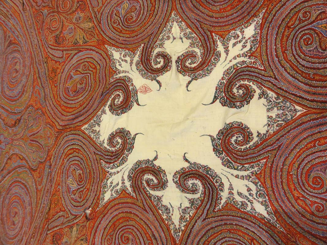 Antique Finest 1700s Persian Pashmina Kashmiri Shawl. Antique woven carpet art sold by Santa Barbara Design Center Rugs and More in Santa Barbara California