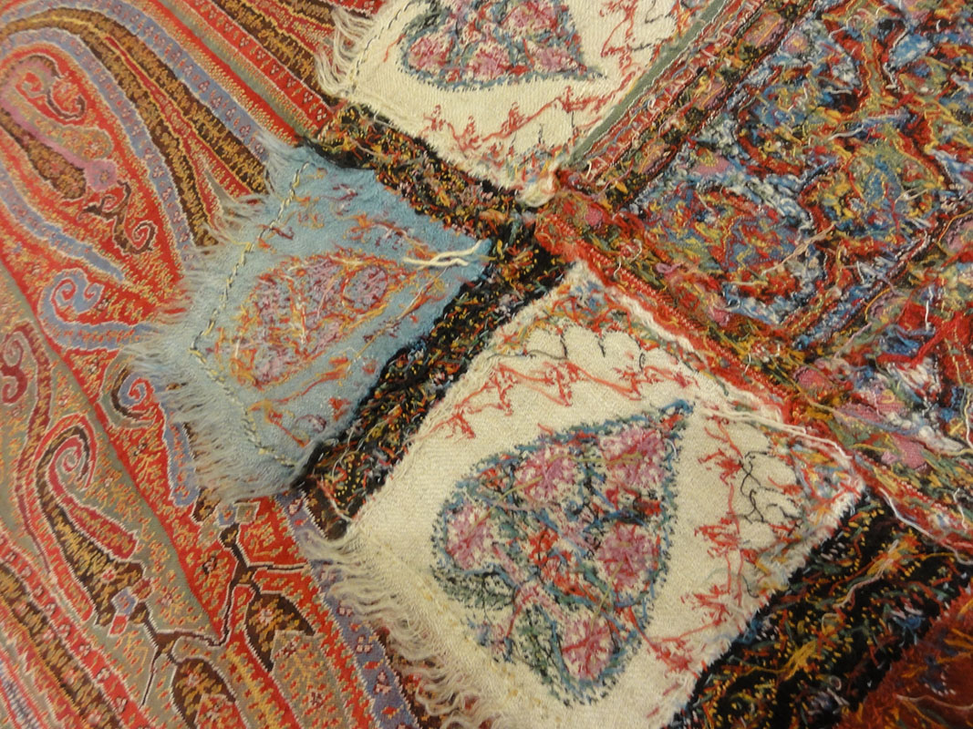 Antique Kashmiri Wool and Silk Pashmina circa 1700s. A piece of woven wool and silk art sold by Santa Barbara Design Center Rugs and More in Santa Barbara.