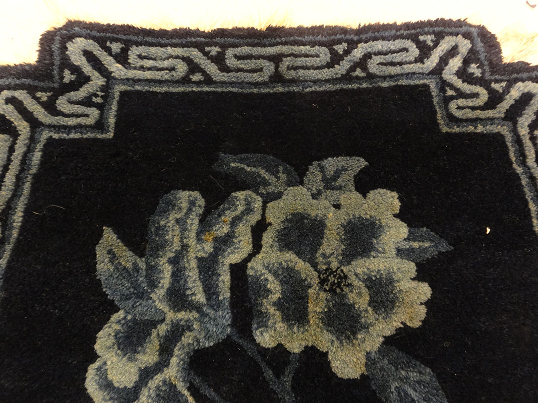 Antique Chinese Chair Cover Natural Dyed Wool. A piece of handmade antique natural dyed woven carpet art sold by Santa Barbara Design Center Rugs and More.