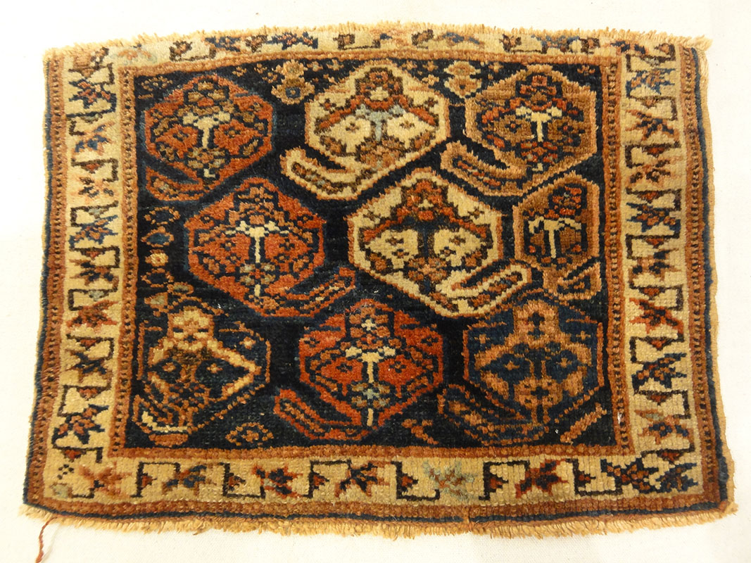Afshar Botteh Bagface circa 1880. A piece of antique woven carpet art sold by Santa Barbara Design Center Rugs and More in Santa Barbara, California.